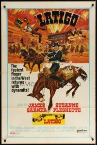 7b850 SUPPORT YOUR LOCAL GUNFIGHTER int'l 1sh '71 Latigo, art of cowboy James Garner on donkey!