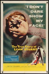 7b916 TRUE STORY OF LYNN STUART 1sh '58 Betsy Palmer doesn't dare show her face, cool art!