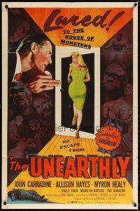 7b923 UNEARTHLY 1sh '57 John Carradine & sexy Sally Todd lured to the house of monsters!