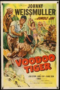 7b942 VOODOO TIGER 1sh '52 great art of Johnny Weissmuller as Jungle Jim vs lion & tiger!