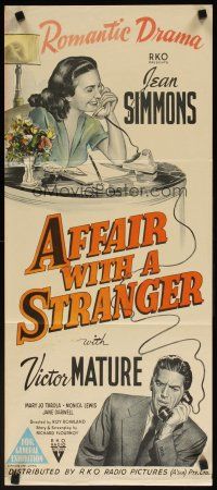 7c427 AFFAIR WITH A STRANGER Aust daybill '53 great artwork of Jean Simmons, Victor Mature!