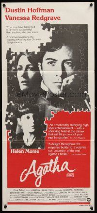 7c431 AGATHA Aust daybill '79 cool puzzle art of Dustin Hoffman & Vanessa Redgrave as Christie!