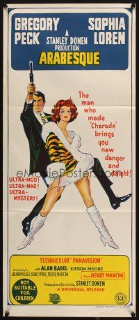 7c448 ARABESQUE Aust daybill '66 Gregory Peck, sexy Sophia Loren, ultra mod, ultra mystery!