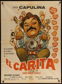 7c055 EL CARITA Mexican poster '74 art of Gaspar Henaine as Capulina surrounded by sexy girls!