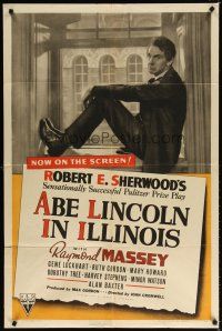 7d156 ABE LINCOLN IN ILLINOIS 1sh '40 image of Raymond Massey as Abraham Lincoln seated in window!