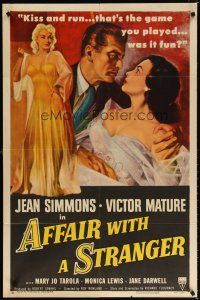 7d157 AFFAIR WITH A STRANGER style A 1sh '53 art of Jean Simmons, Victor Mature & sexy bad girl!