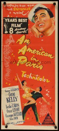7d065 AMERICAN IN PARIS Aust daybill '51 stone litho of Gene Kelly dancing with sexy Leslie Caron!