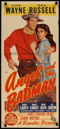 7d066 ANGEL & THE BADMAN Aust daybill '47 stone litho of cowboy John Wayne & Gail Russell!