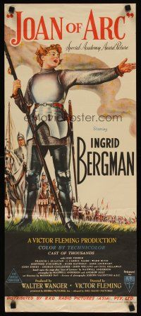 7d079 JOAN OF ARC Aust daybill '48 different stone litho of Ingrid Bergman in full armor!