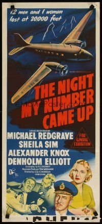 7d084 NIGHT MY NUMBER CAME UP Aust daybill '55 stone litho of pilot Michael Redgrave & airplane!