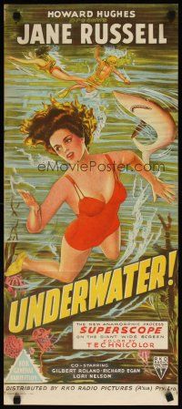 7d100 UNDERWATER Aust daybill '55 Howard Hughes, stone litho of sexy skin diver Jane Russell!