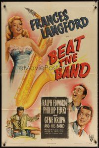 7d162 BEAT THE BAND style A 1sh '47 artwork of sexy Frances Langford & Gene Krupa playing drums!