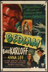 7d163 BEDLAM style A 1sh '46 madman Boris Karloff, an infamous madhouse, produced by Val Lewton!