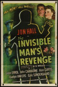 7d131 INVISIBLE MAN'S REVENGE 1sh '44 Jon Hall, H.G. Wells, cool silhouette sci-fi artwork!