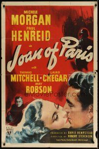 7d196 JOAN OF PARIS style A 1sh '42 artwork of Michele Morgan kissing Paul Henreid!