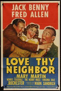 7d139 LOVE THY NEIGHBOR 1sh '40 Mary Martin between Jack Benny fighting with Fred Allen!