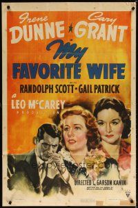 7d207 MY FAVORITE WIFE style A 1sh '40 art of Cary Grant, Irene Dunne & Patrick,Garson Kanin classic