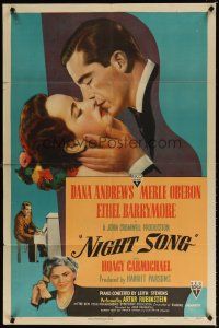 7d209 NIGHT SONG 1sh '48 Dana Andrews, Merle Oberon, Ethel Barrymore, Hoagy Carmichael!
