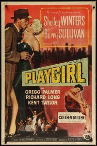 7d146 PLAYGIRL 1sh '54 Barry Sullivan, there's a price tag on sexy Shelley Winters' kisses!