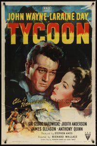 7d236 TYCOON 1sh '47 great close up romantic artwork of John Wayne & Laraine Day!