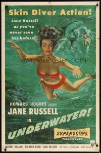 7d237 UNDERWATER 1sh '55 Howard Hughes, sexiest artwork of skin diver Jane Russell!