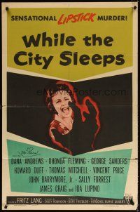 7d243 WHILE THE CITY SLEEPS style A 1sh '56 great image of Lipstick Killer's victim, Fritz Lang!