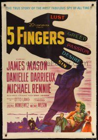 7e188 5 FINGERS linen 1sh '52 James Mason, Danielle Darrieux, true story of the most fabulous spy!