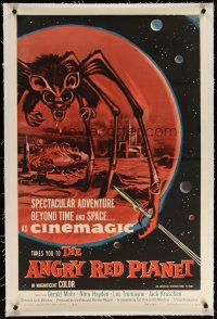 7e191 ANGRY RED PLANET linen 1sh '60 great artwork of gigantic drooling bat-rat-spider creature!
