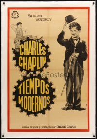 7e026 MODERN TIMES linen Argentinean R40s different art of Charlie Chaplin on gears & doffing hat!