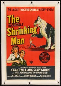 7e058 INCREDIBLE SHRINKING MAN linen Aust 1sh '57 great fx artwork of tiny man fighting giant cat!