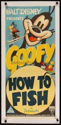 7e071 HOW TO FISH linen Aust daybill '42 great cartoon stone litho of Walt Disney's Goofy!