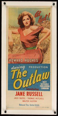7e075 OUTLAW linen Aust daybill '47 stone litho of sexiest Jane Russell, Howard Hughes