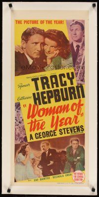 7e081 WOMAN OF THE YEAR linen Aust daybill '42 great images of Spencer Tracy & Katharine Hepburn!