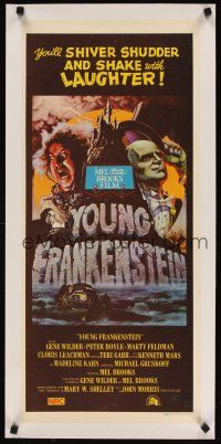 7e082 YOUNG FRANKENSTEIN linen Aust daybill '75 Mel Brooks, art of Gene Wilder, Boyle & Feldman!