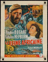 7e096 AFRICAN QUEEN linen Belgian '52 colorful different art of Humphrey Bogart & Katharine Hepburn!