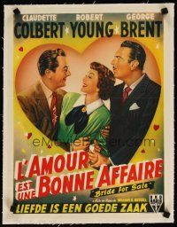 7e104 BRIDE FOR SALE linen Belgian '49 Claudette Colbert between Robert Young & George Brent!