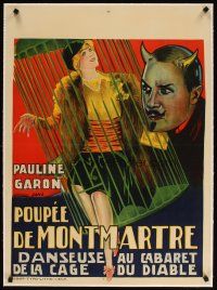 7e085 DEVIL'S CAGE linen pre-War Belgian '28 cool art of sexy Pauline Garon in birdcage by Devil!