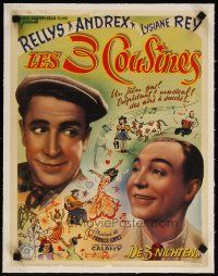 7e123 LES TROIS COUSINES linen Belgian '47 French comedians Rallys & Andrex, great cartoon art!