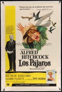 7e194 BIRDS linen Spanish/U.S. 1sh '63 Alfred Hitchcock shown, Hedren, art of Tandy attacked by birds!