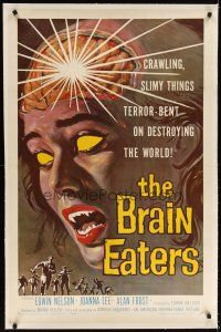 7e200 BRAIN EATERS linen 1sh '58 AIP, classic horror art of girl's brain exploding!