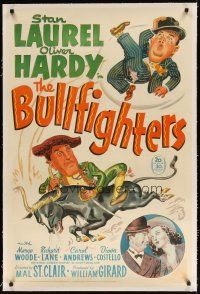 7e205 BULLFIGHTERS linen 1sh '45 wacky artwork of matador Stan Laurel & Oliver Hardy!