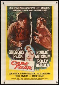 7e209 CAPE FEAR linen 1sh '62 Gregory Peck, Robert Mitchum, Polly Bergen, classic film noir!