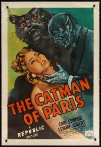 7e213 CATMAN OF PARIS linen 1sh '46 really cool horror art of feline monster attacking sexy girl!