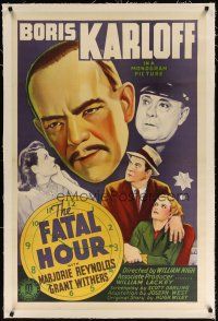 7e228 FATAL HOUR linen 1sh '40 cool artwork of Boris Karloff as Asian detective Mr. Wong!