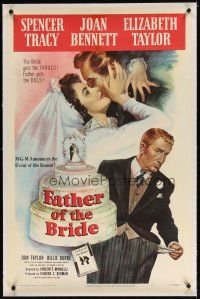 7e229 FATHER OF THE BRIDE linen 1sh '50 art of Liz Taylor in wedding gown & broke Spencer Tracy!
