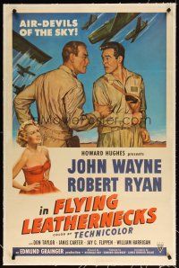 7e230 FLYING LEATHERNECKS linen 1sh '51 art of air-devils John Wayne & Robert Ryan, Howard Hughes