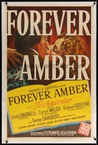 7e232 FOREVER AMBER linen 1sh '47 stone litho of sexy Linda Darnell & Cornel Wilde, Otto Preminger!