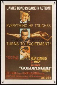 7e239 GOLDFINGER linen flat finish 1sh '64 three great images of Sean Connery as James Bond!