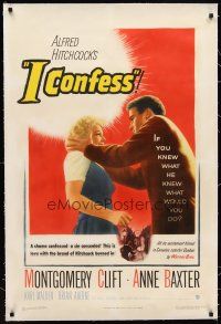7e245 I CONFESS linen 1sh '53 Alfred Hitchcock, art of Montgomery Clift shaking Anne Baxter!