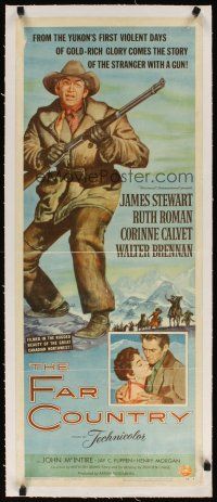 7e177 FAR COUNTRY linen insert '55 cool art of James Stewart with rifle, directed by Anthony Mann!